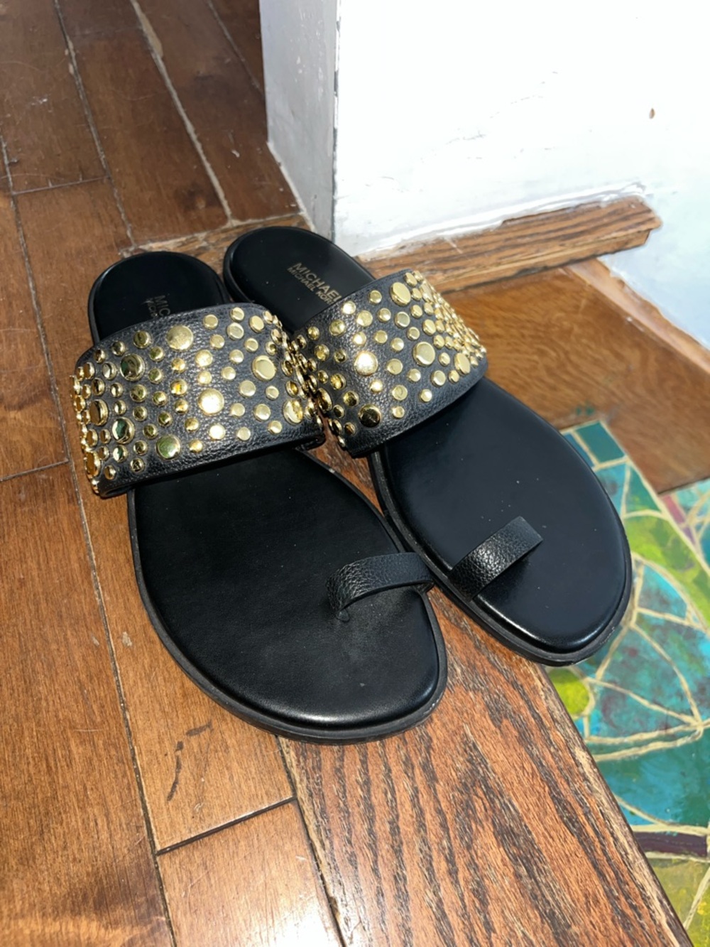 Michael Kors Black Studded Slides Sandals Gold Studs Y2K Summer